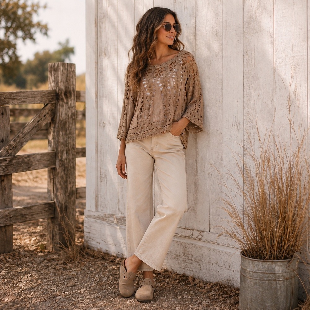 Active USA Womens Tan Crochet Knit Boho Poncho Top T1750 Size SM SM